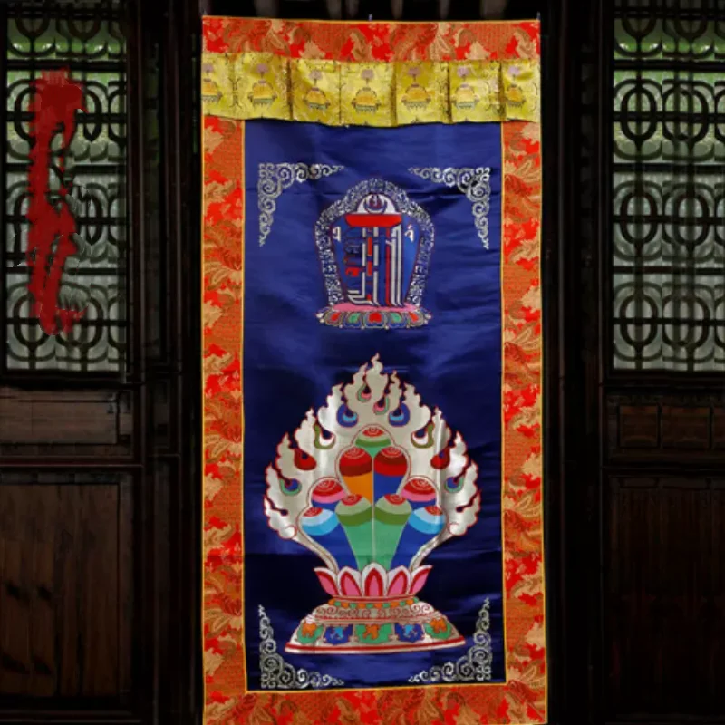 Tibetan Style Door Curtain - Nepalese Handmade Embroidery, Eight Auspicious & Kalachakra Hanging Tapestry Buddhist Supplie