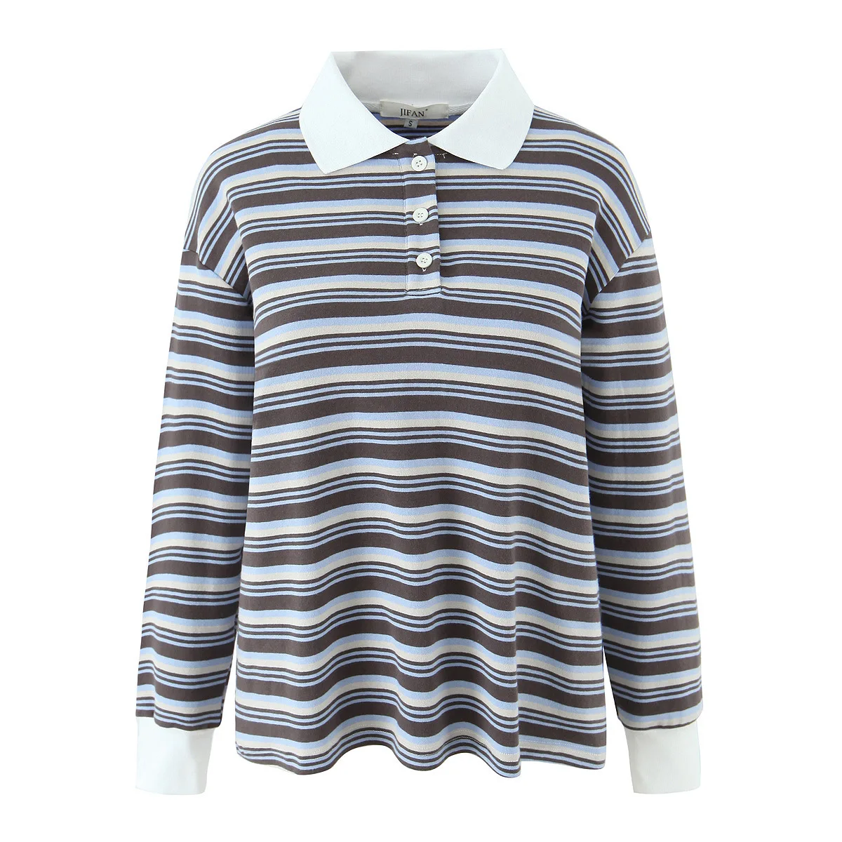 

Women Polo Collar Button Long Sleeve Striped Top Tee Shirt