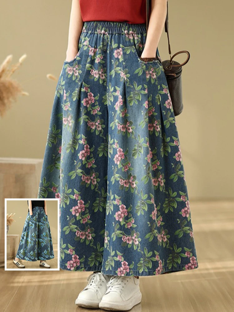 الربيع الصيف رقيقة الأزهار طباعة Waed الدنيم عالية الخصر ضئيلة واسعة الساق عارضة السراويل ل زائد حجم المرأة العصرية تنورة الجينز #1