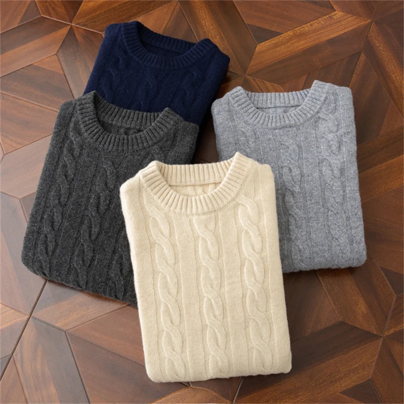 24 Autumn/Winter New Arrivals 100% Pure Cashmere Sweater Men's Round Neck Double Strand Thickened Twisted Flower Swe Loose Warm