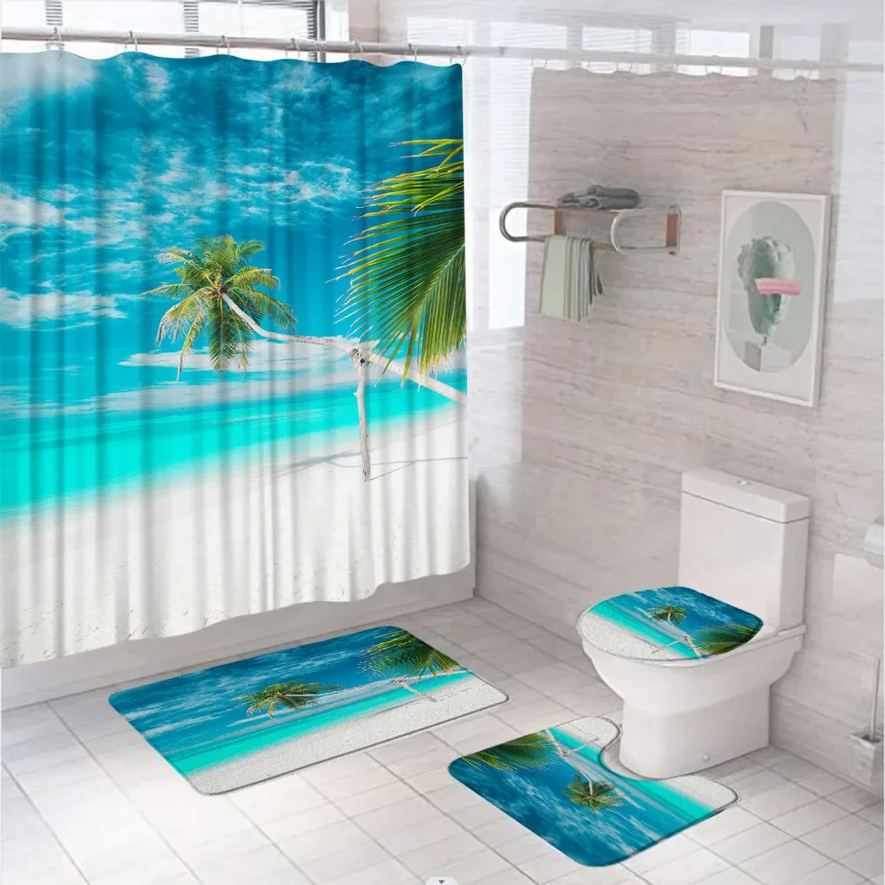 Beach Island Summer Bathroom Set with Shower Curtain Rugs Accessories Sand Palm Tree Wave Ocean Tropical Bath Curtain Home Decor