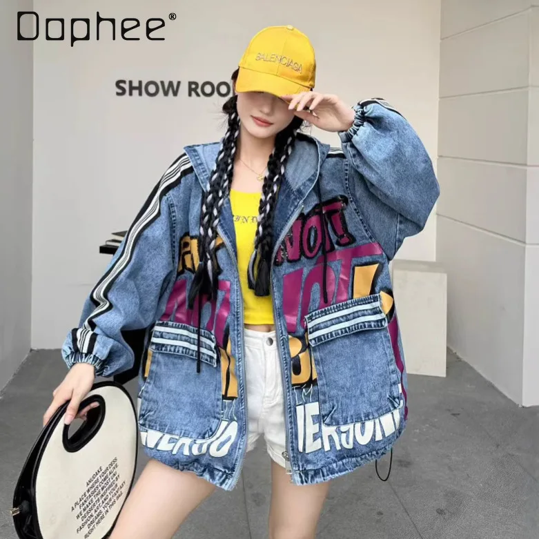 

Oversized Cartoon Print Hooded Denim Coat Women 2025 Autumn New High-End Black Top Retro Loose Trendy Brand Hip-Hop Jacket