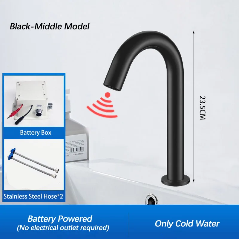 Zwarte automatische aanraakvrije infraroodsensor badkamerkraan. Touchless tapware. Koud warm water mixer kraan. Badkamer gootsteen kraan