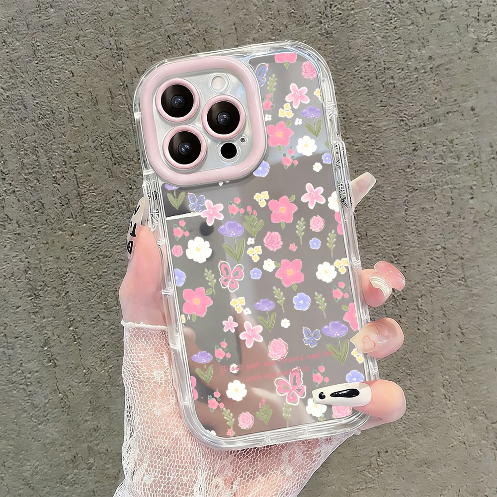 Niedliche Wildblumen- und Unkraut-Motiv Air Cushion Spiegel Handyhülle für iPhone 17 15 14 16 Pro Max 13 12 11 Pro XR XS 7 8 Plus 17Air Girl Cover – Detail 14