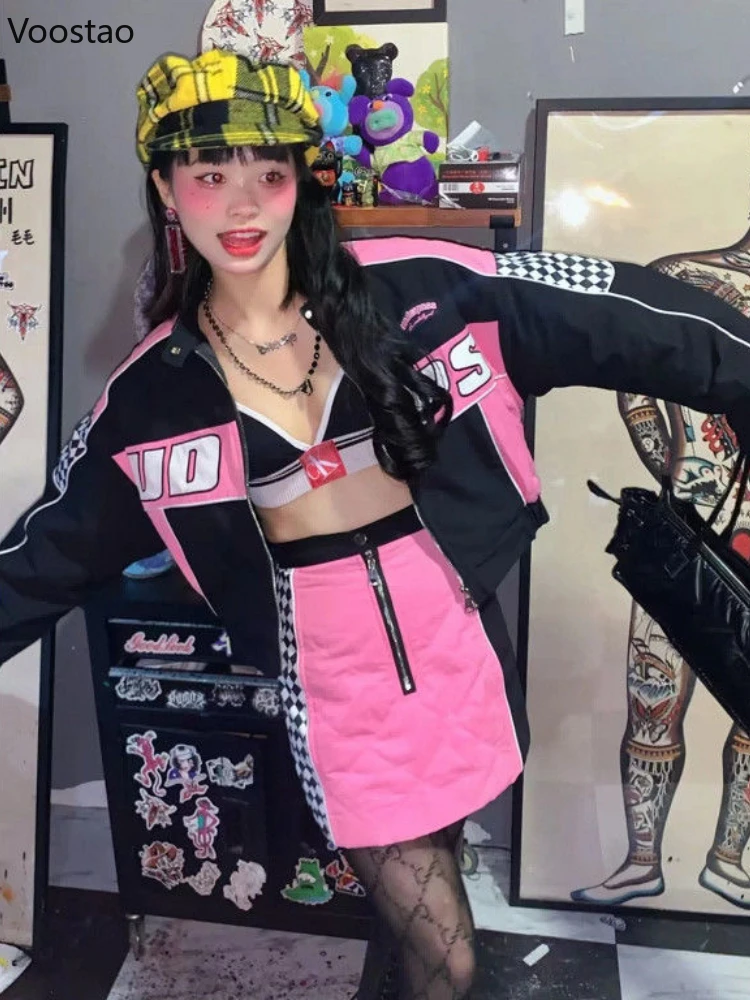 Spring Autumn Harajuku Moto Biker Baseball Uniform Jackets Skirt Set Women Sweet Y2k Coat Mini Skirts Girly Gothic 2 Piece Sets