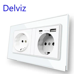 Delviz Wall USB Double Socket, Tempered Crystal glass panel,5V 3100mA With usb Ports,146MM*86MM, EU Standard type C Power Outlet