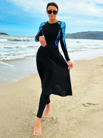 3pcs 이슬람 Burkini 겸손한 수영복 다채로운 인쇄 긴 소매 수영복 비치 수영복 SPF50 + 긴 바지와 스커트