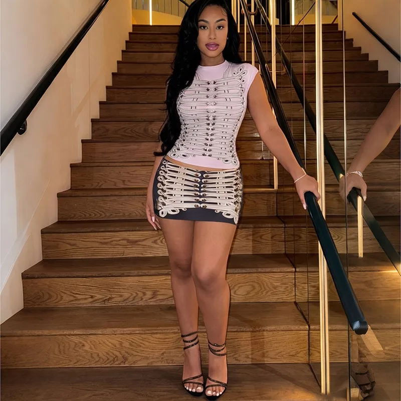 

Casual Printed Dress Round Neck Cap Sleeve Short Dresses 3d Rope Print Pink And Black High Waist Mini Dress with Metallic Studs