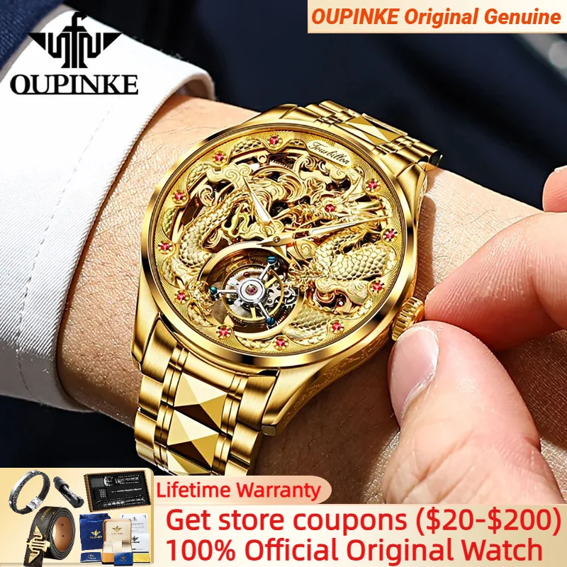 

OUPINKE 3176 Top Brand Automatic Mechanical Men's Watch Tourbillon Movement Skeleton Golden Dragon Dial Man Watches