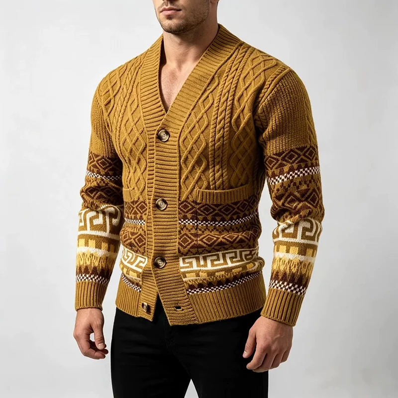 Daily Outdoor Outerwear 2026 Autumn Warm Long Sleeve Cardigan Mens Contrast Color Knit V Neck Single Breasted Coats For Male
