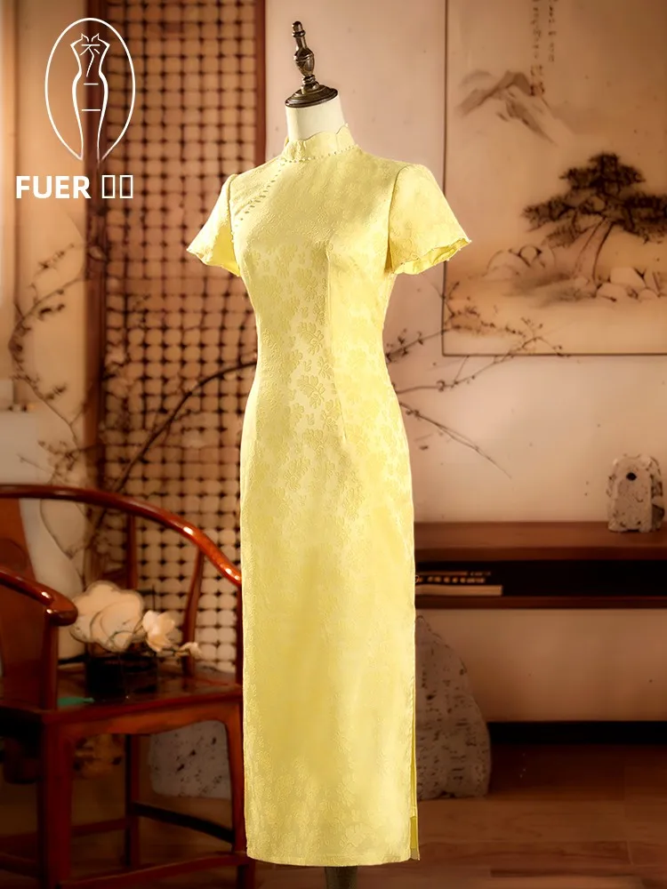 

Длинное китайское платье-ципао с золотым цветочным воротником для свадьбы, винтажное, повседневное, для помолвки, из дышащего полиэфирного волокна...