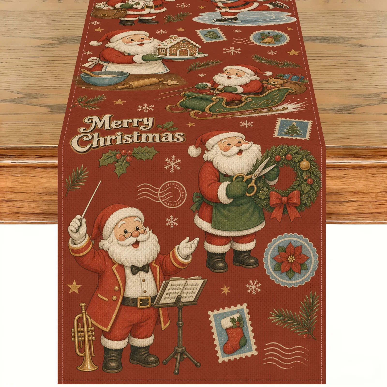 Country Style Santa Claus Table Flag Wear-resistant Dirty-resistant Christmas Living Room Dining Room Table Flag Decoration