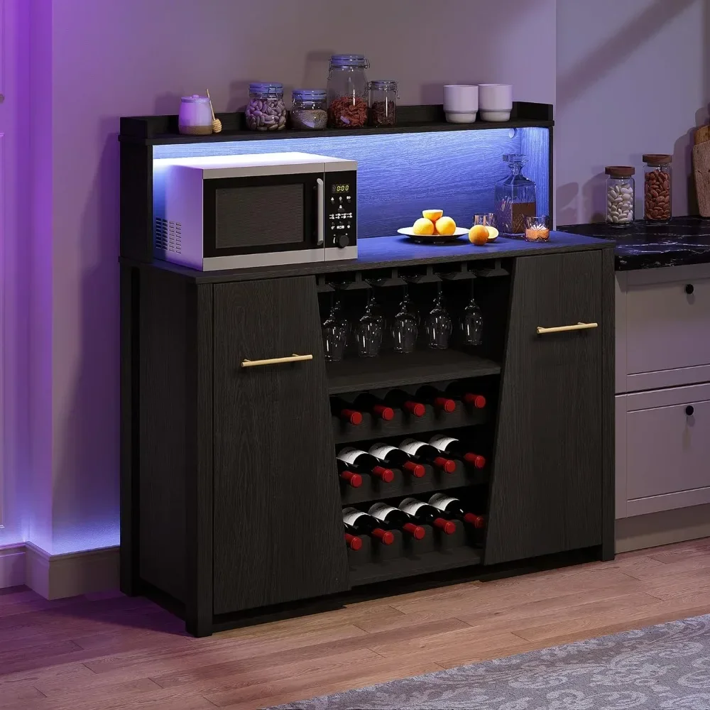 Wine Cabinets with LED Light, 47'' Sideboard Buffet Bar Cabinet with Wine Rack and Glass Holder, Adjustable Shelf, Wine Cabinets