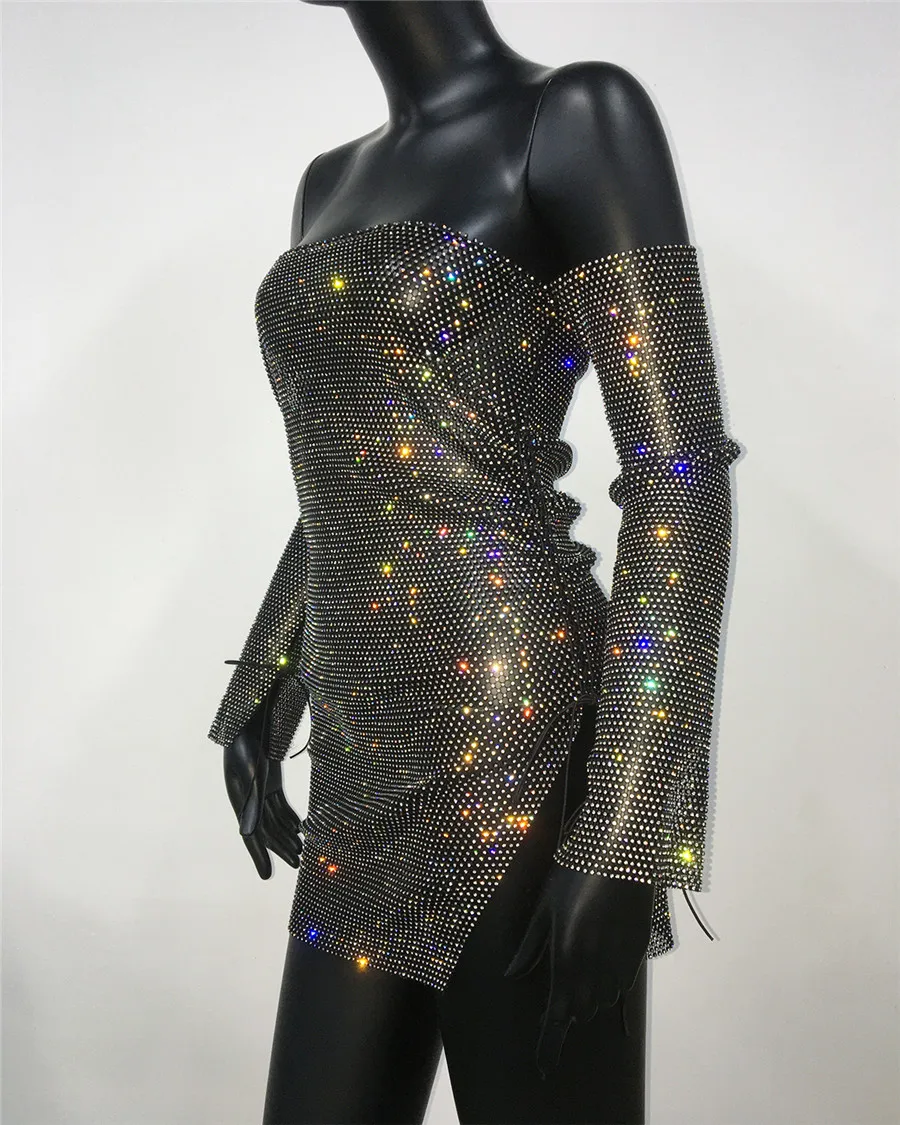 Women Strapless Dress With Arm Sleeve Glitter Rhinestone See Through Hollow Out Side Split Dress Nightclub Party Cocktail Dress