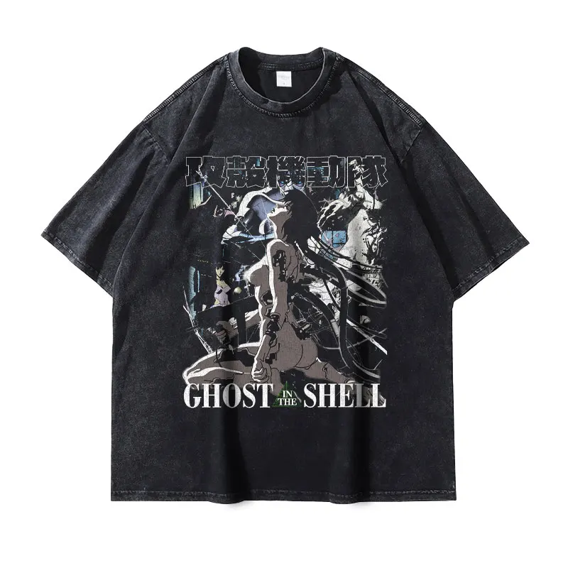 Anime The Ghost in The Shell T Shirts Streetwear Vintage Washed Kusanagi Motoko T-shirt Oversized Tops Tees Men 100% Cotton