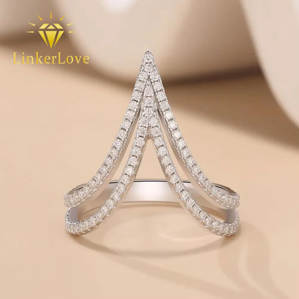 

LinkerLove S925 Silver V Shaped Chevron Moissanite Ring for Women Pave Round Diamond 2 Row Stackable Wedding Band Fine Jewelry