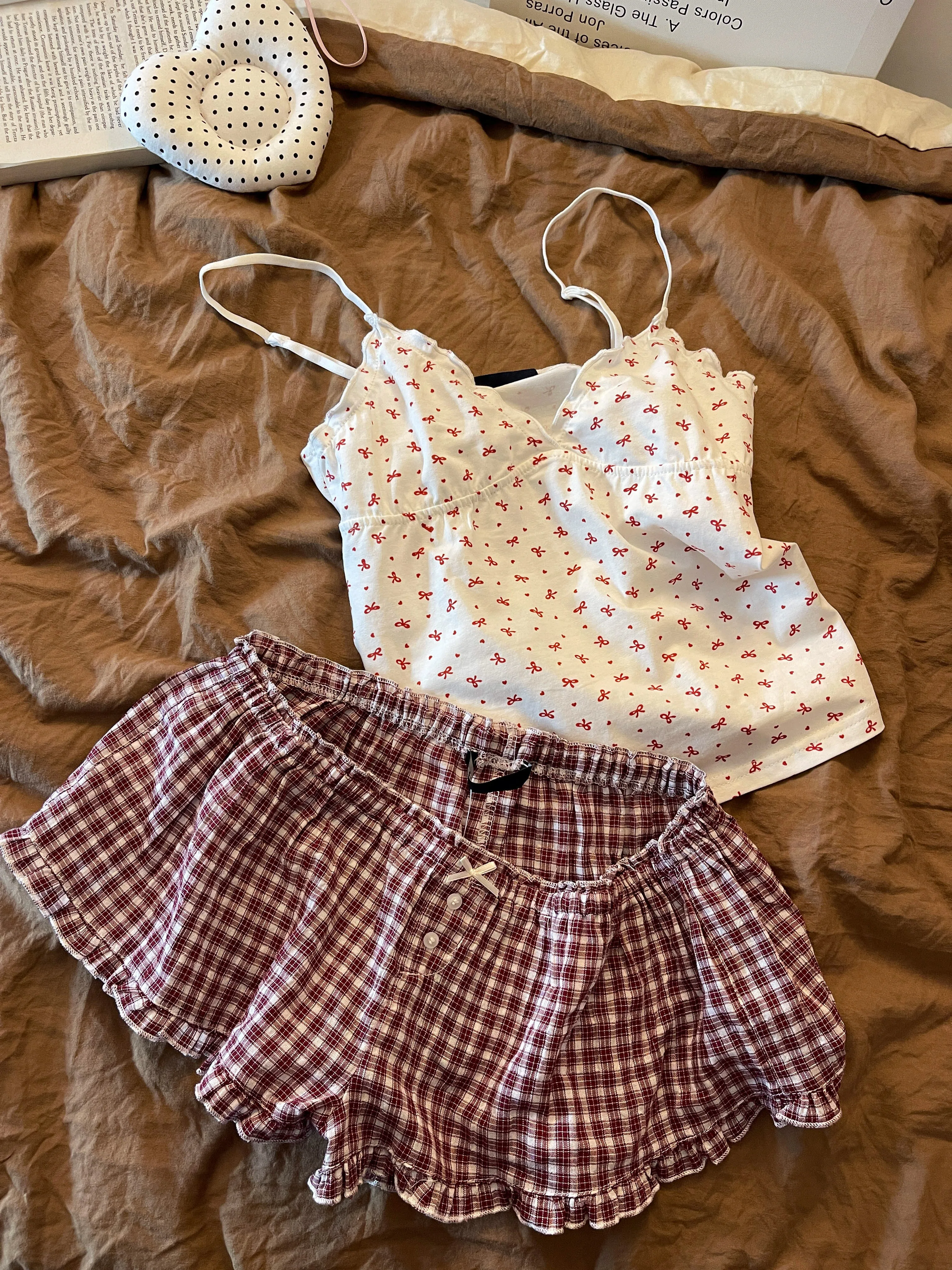 Sweet Style  Knot Lace Strap Sleepwear Women's Summer Comfortable Shorts Home Clothes Two-Piece Set Breathable Material