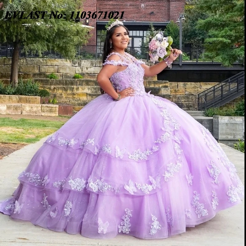 

EVLAST Glitter Lilac Quinnceanera Dress Ball Gown Lace Applique Beaded Tiered Mexican Corset Sweet 16 Vestidos De 15 Anos SQ534