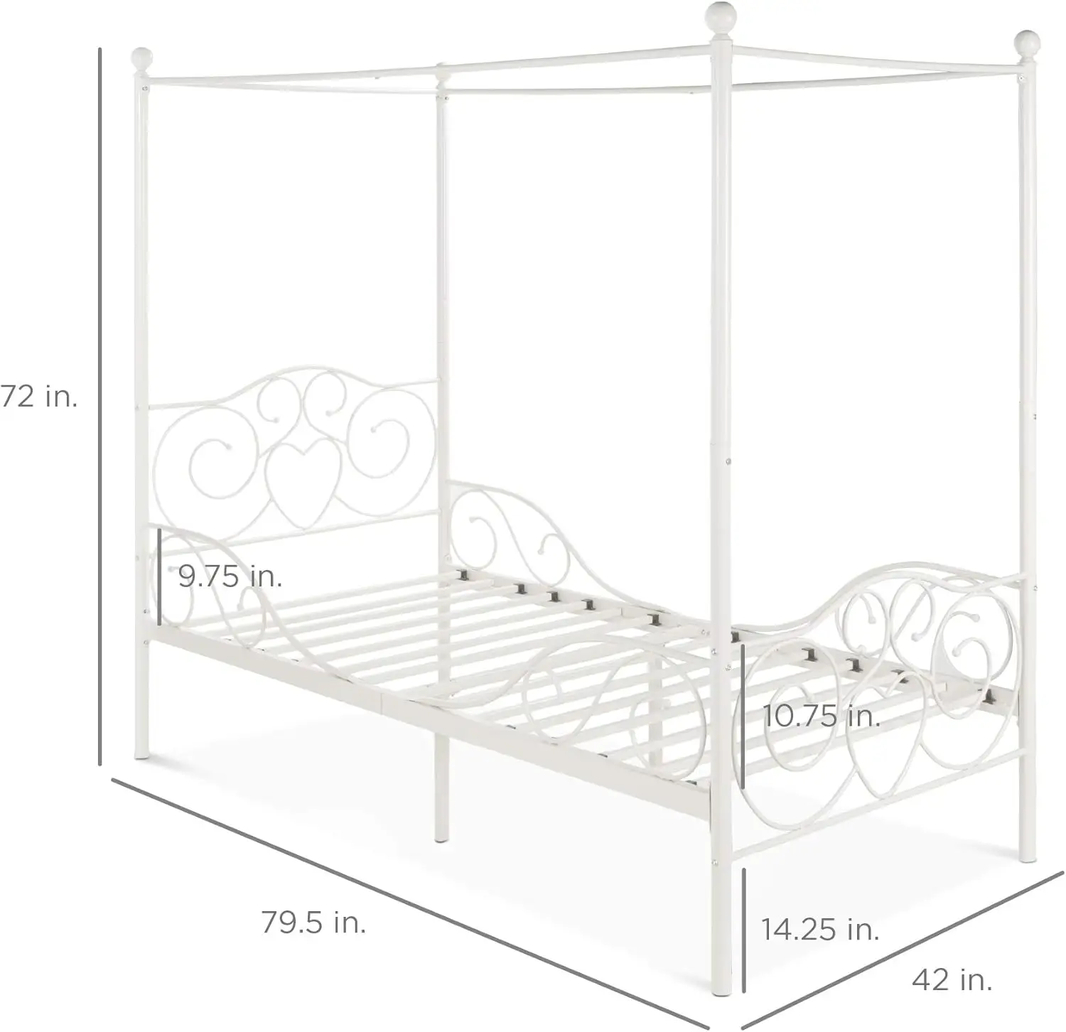 4-Post Metal Canopy Twin Bed Frame for Kids Bedroom Guest Room w/Heart Scroll Design 14-Slat Support System Headboard Footboard