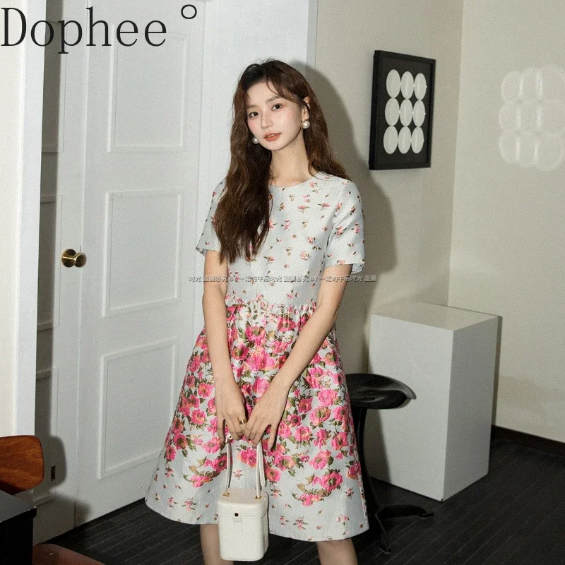 High Quality Jacquard Floral Dress for Women 2025 New Summer Mid-long A-line Dress Luxury Elegant Short Sleeve Party Dress