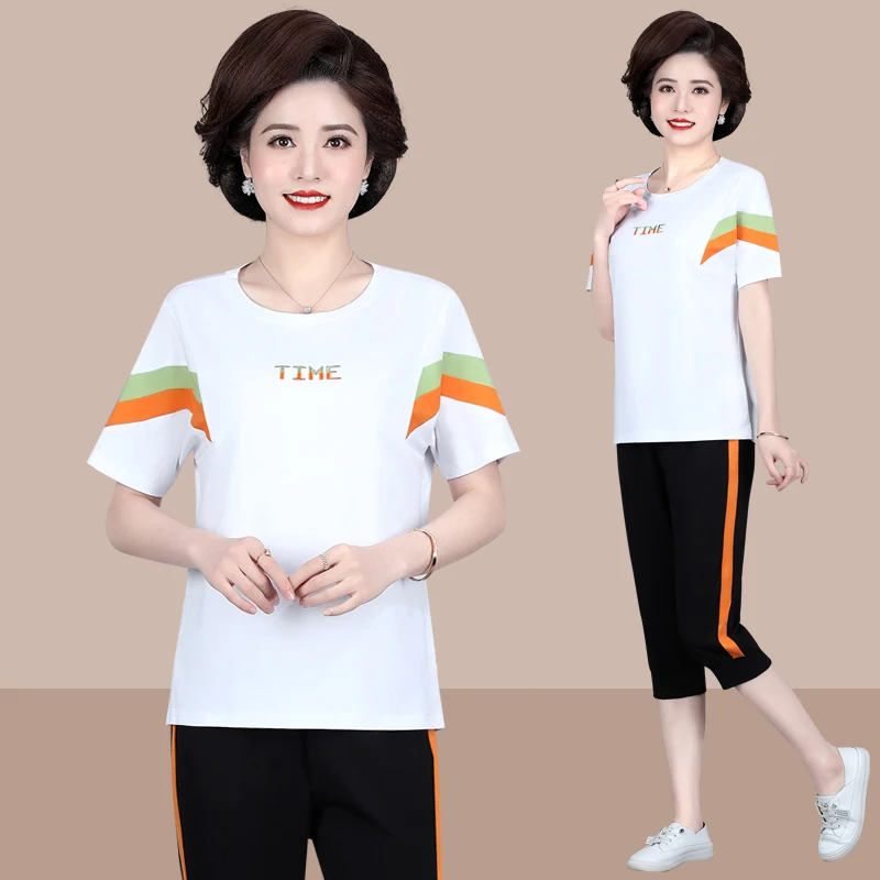 

Mom's Summer Spor ort Sve T-irt Set Women's Mid-Large Size Two-Piece Suit round Ne Thin Material Regular Length