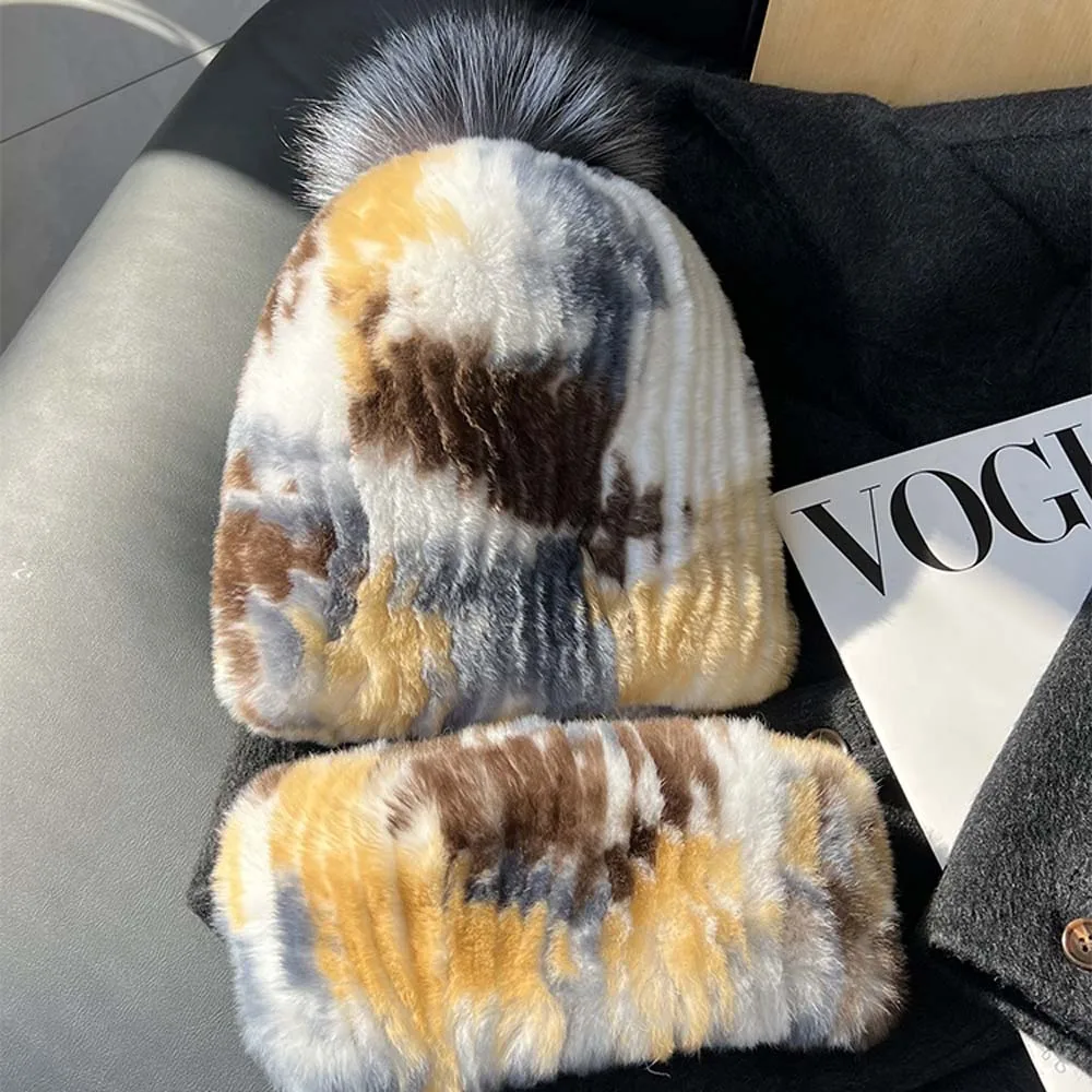 النساء الشتاء ريكس الأرنب الفراء قبعة الرقبة أدفأ موضة الدافئة الإناث ريال فوكس الفراء Pompom الكرة قبعات ريكس الأرنب الفراء الرقبة أدفأ مجموعة #3