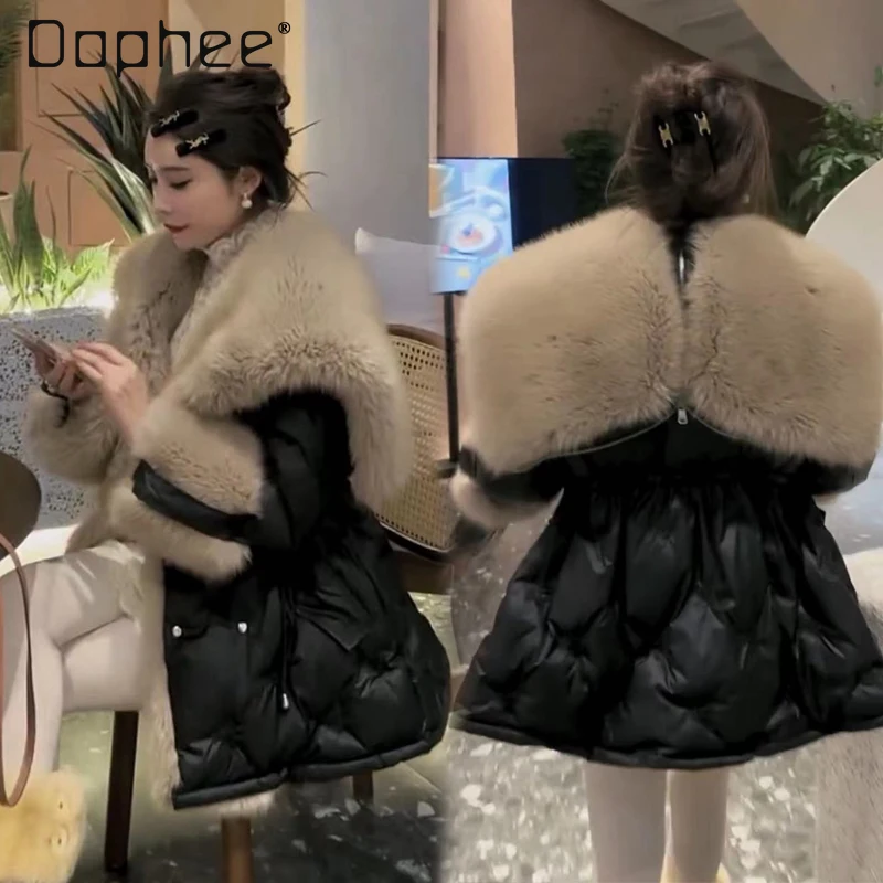 شتاء جديد الكورية أنيقة سليم أسفل سترة للنساء الراقية مزاجه الاجتماعي كبير الفراء طوق منتصف طول رشاقته معطف