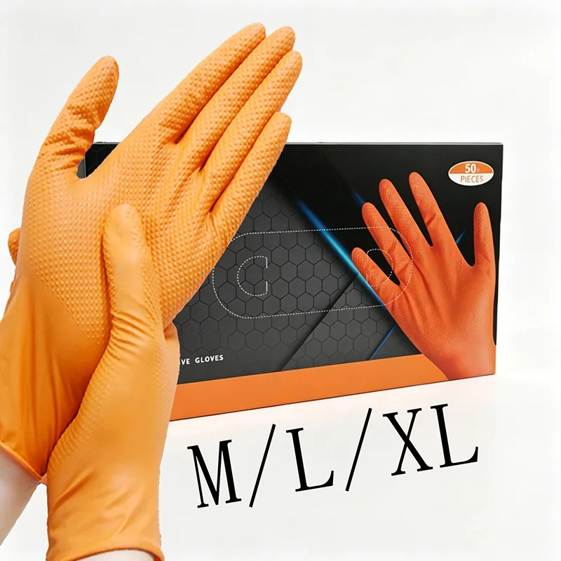 50/100 Orange Nitrile Gloves, Disposable, 8 Mil Thick, Heavy-Duty Diamond Pattern Industrial Safety Work Gloves, Mechanic Grade