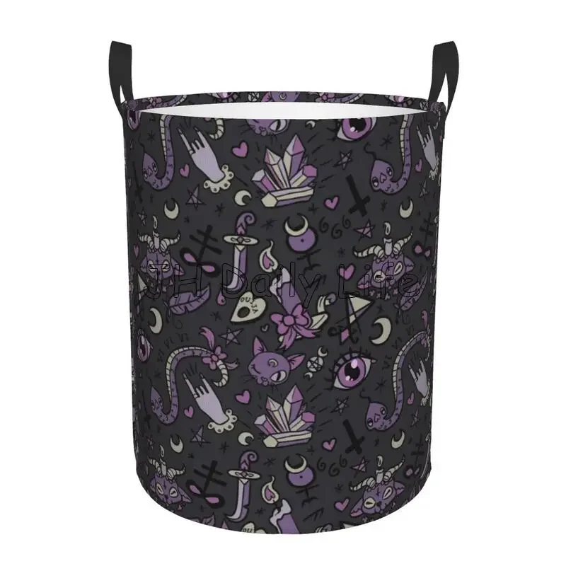 Panier à linge pliable Oxford imperméable gris, violet et noir, style gothique magique et effrayant, pour jouets et vêtements