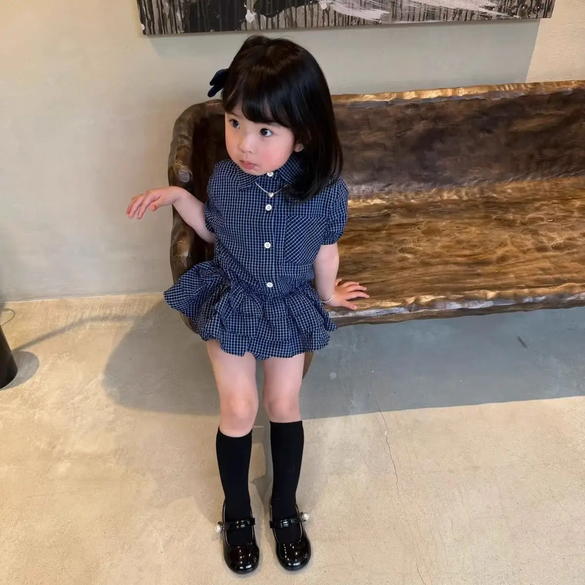 Kids Girls Navy Plaid 2-Piece Set Short Sleeve Button-Up Shirt with Tiered Ruffle Hem +Bloomers Casual Summer Outfit for Toddler - view 6
