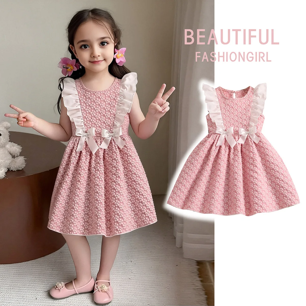 

New Arrival Toddler Girl Flower Woven Textured Sundress, Frill Splice Hem With Bow Embellishment, Children Casual Dress