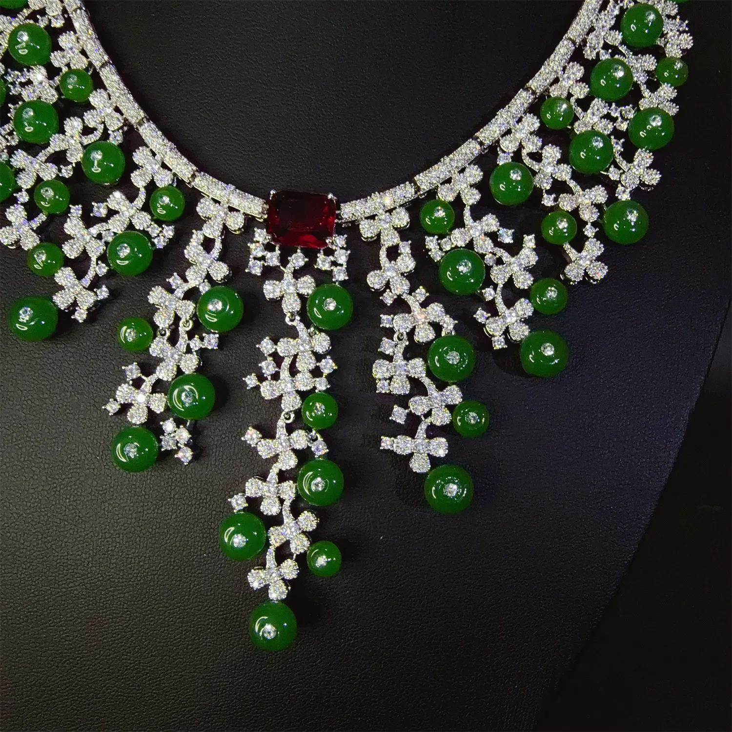 Silver Plated Tassel Beaded CZ Jewelry Set Women Artificial Jade Bead Zircon Necklace Earrings Wedding Banquet Set