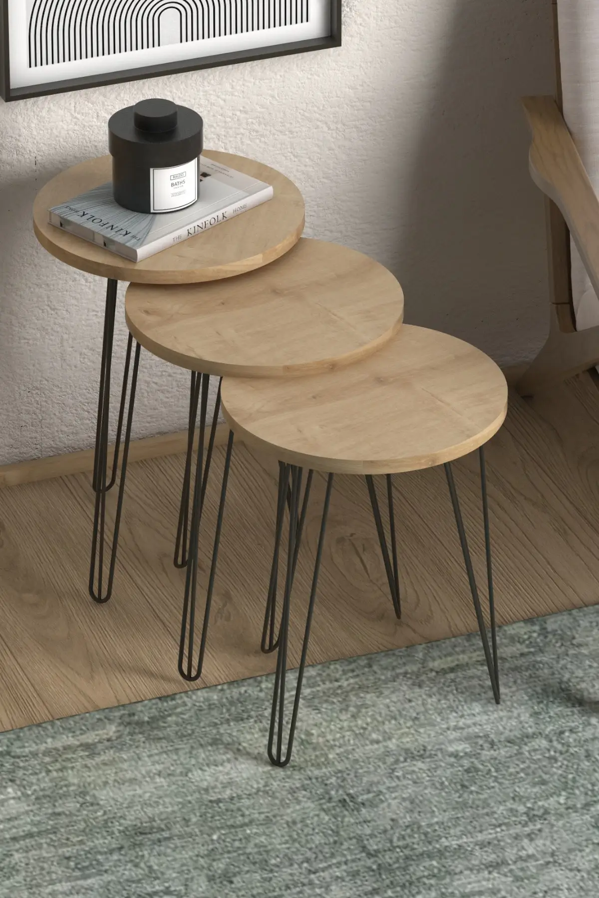 Modern Nesting Table 3 Pieces Scandinavian Wooden Leg Modern Tea Coffee Serving Table Round Living Room Bedside De Monte