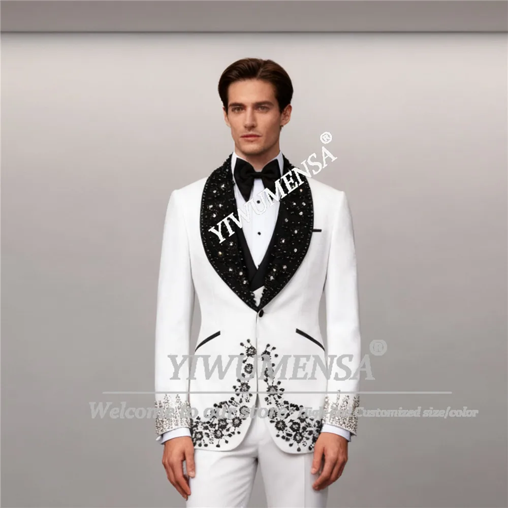 

Unique Design Pearls Beaded Suit Attire For Men 2 Pieces Male Prom Blazers Party Costume Homme Customized Wedding Groom Tuxedos