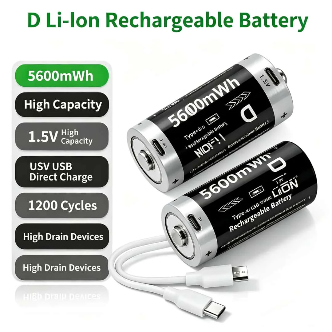 1-20PC 1.5V 5600mWh LR20 USB D Size Rechargeable Battery Lithium-ion D-Cell Battery for Gas Cooker Water Heater Flashlight Radio