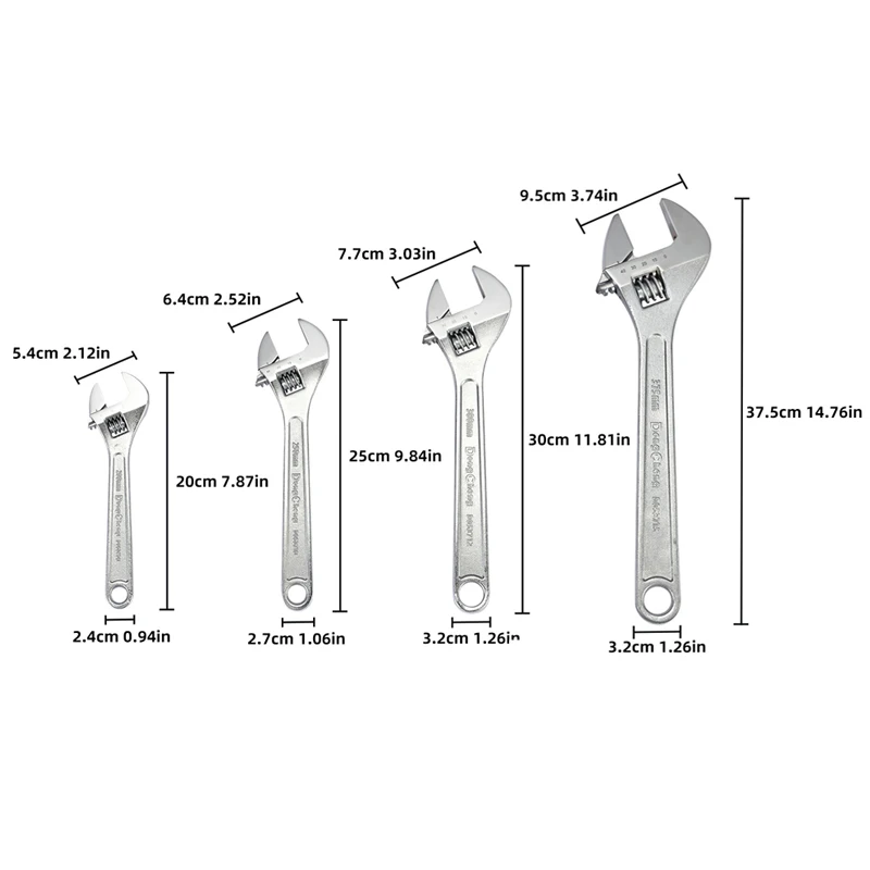 Professional Polished Finish Adjustable Wrench Set - 8'/10'/12'/15' for Plumbing, Automotive & DIY | Industrial Wrench
