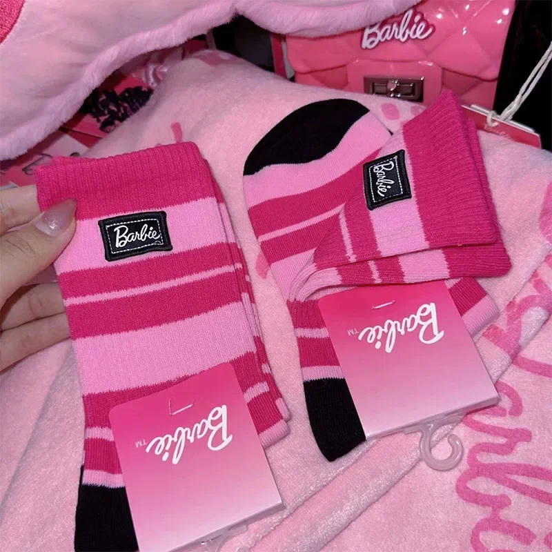 Miniso New Fashion Knitted Mid Tube Pink Barbie Series Women's Non-Slip Socks Black and White Socks