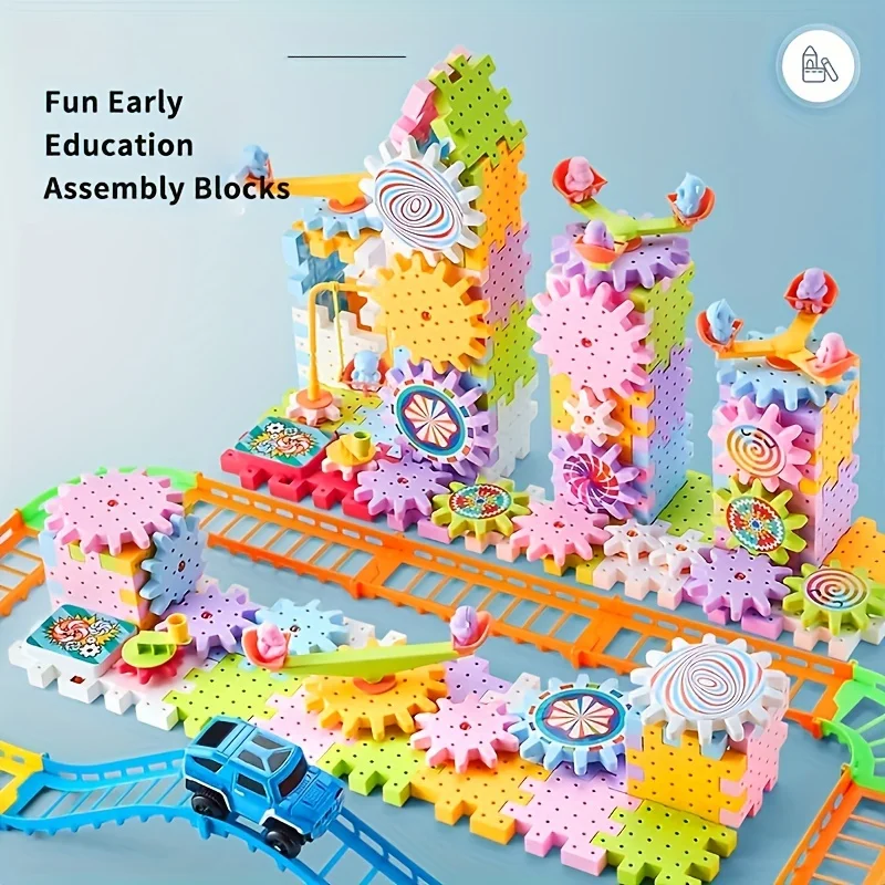Kinder Elektrische Getriebe Gebäude Spielzeug Set Motorisierte Spinning Getriebe Set Getriebe Schiene Auto Große Bausteine STEM Bau Spielzeug Set