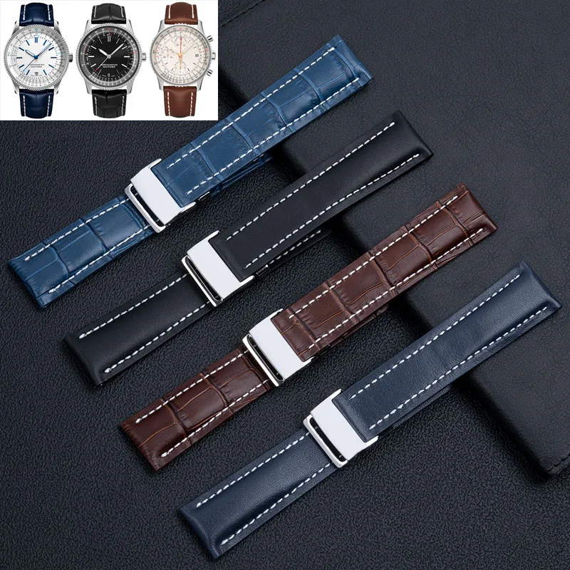 22mm 24mm Genuine Leather Watchband For Breitling Avenger Belt Navitimer Wristband Bracelet Black Brown Blue cowhide Watch Strap