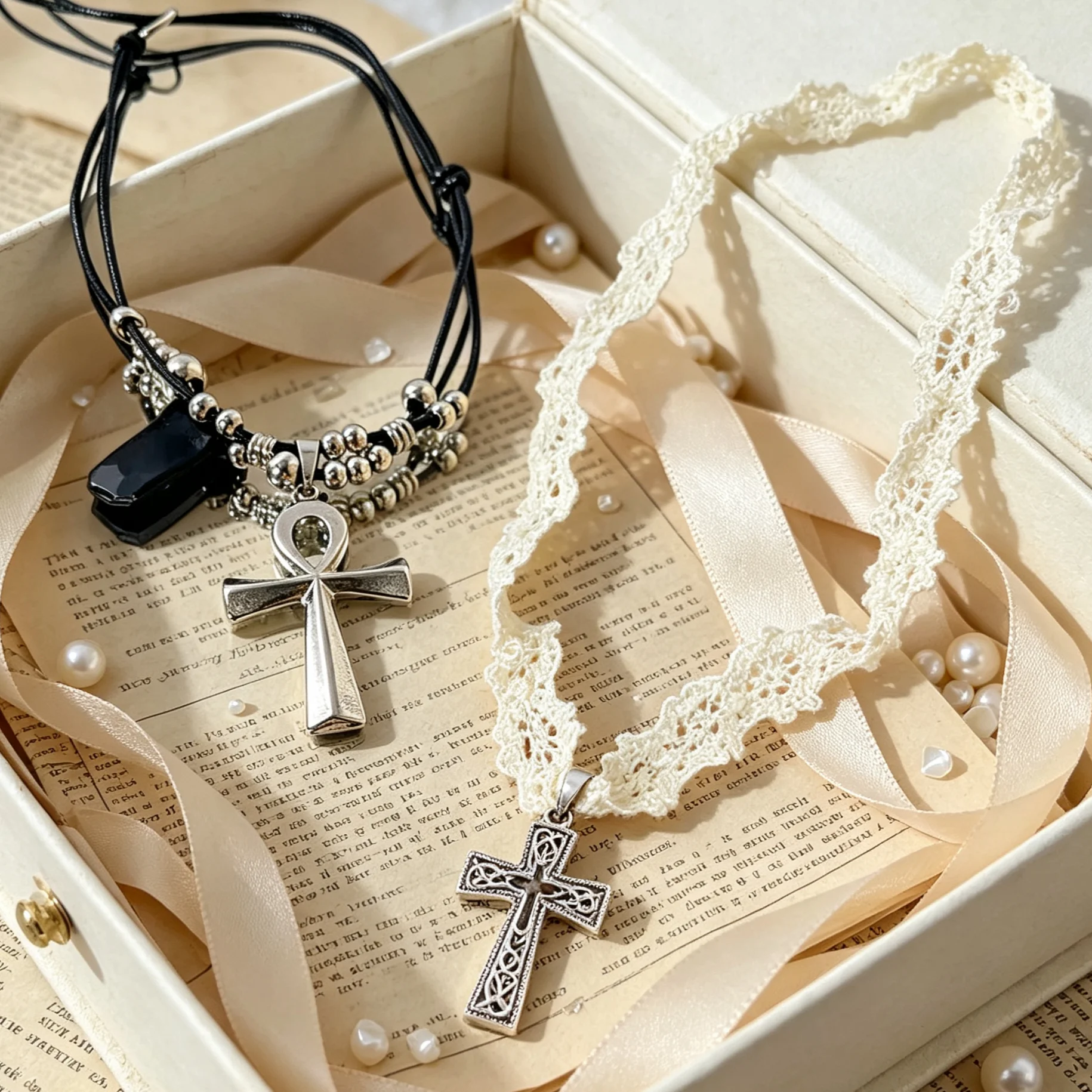 Sweet Cool Hollow Cross Pendant Lace Strap Choker Necklace For Women Girls Clavicle Chain Jewelry Party Gift