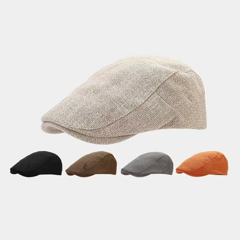 Summer Mens Beret Linen Peaked Cap Adjustable Newsboy Cap Breathable Vintage Solid Black Ivy Duckbill Hat Boinas Para Mujer