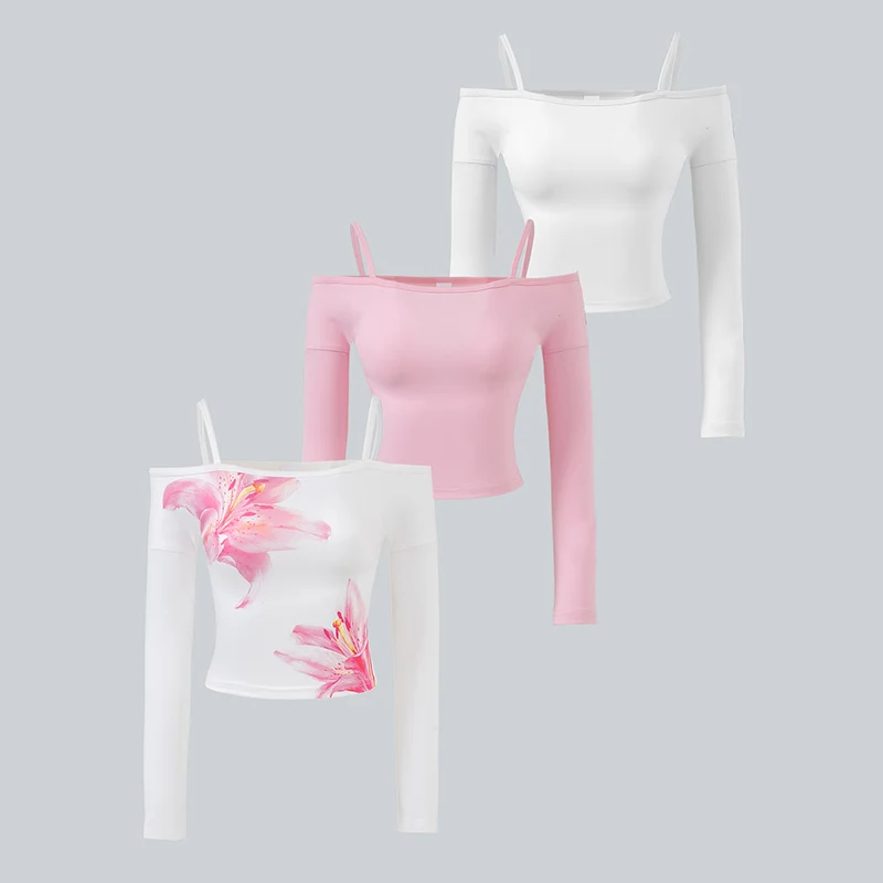 Autumn/Winter Women's Youth Casual Adorable One-Shoulder Double-Strap Embellished Solid Color Long Sleeve Three-Piece Set
