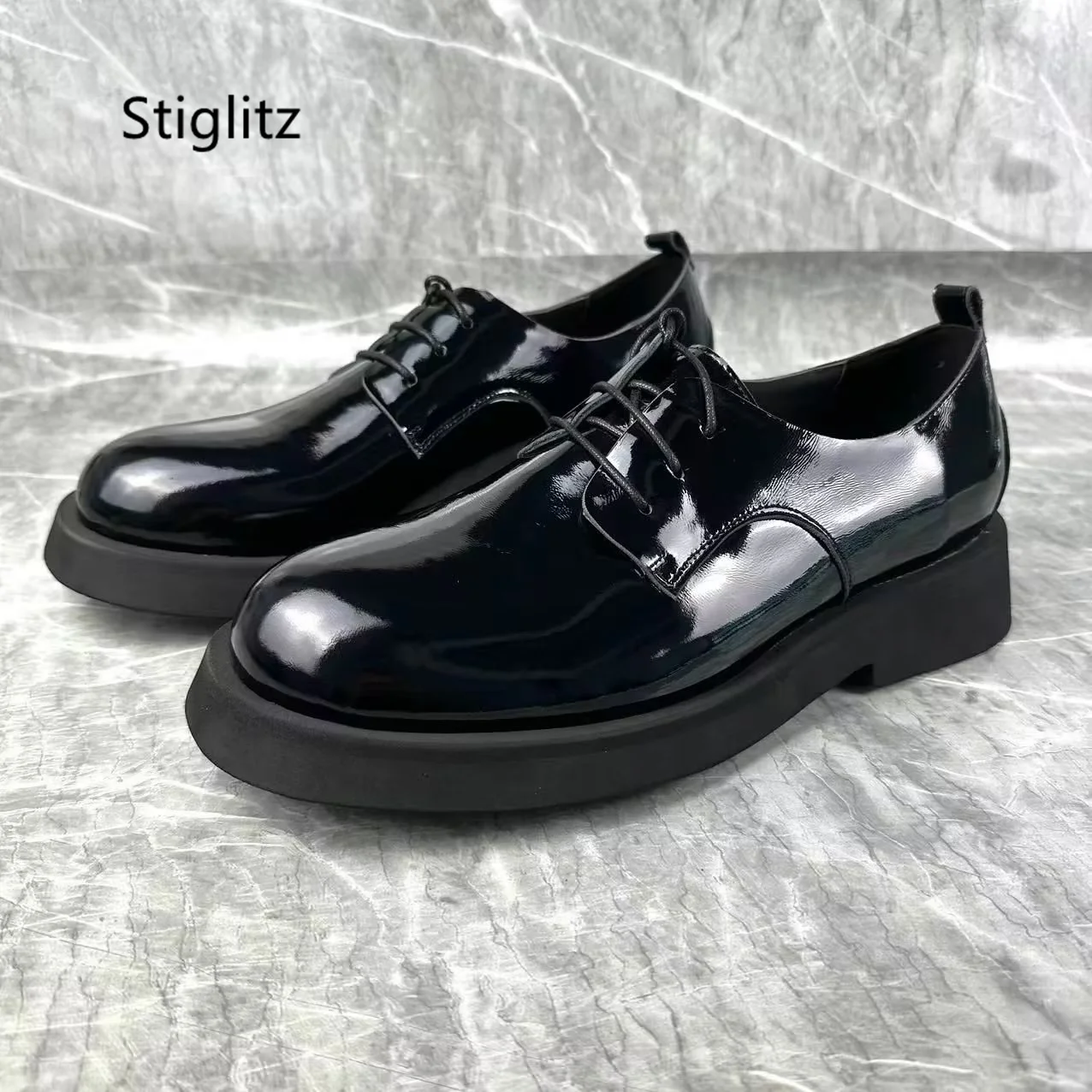 

Black Patent Leather Men's Shoes Chunky Flat Round Toe Lace Up Casual Business Shoes Wear-Resistant Office Wedding Shoes Male