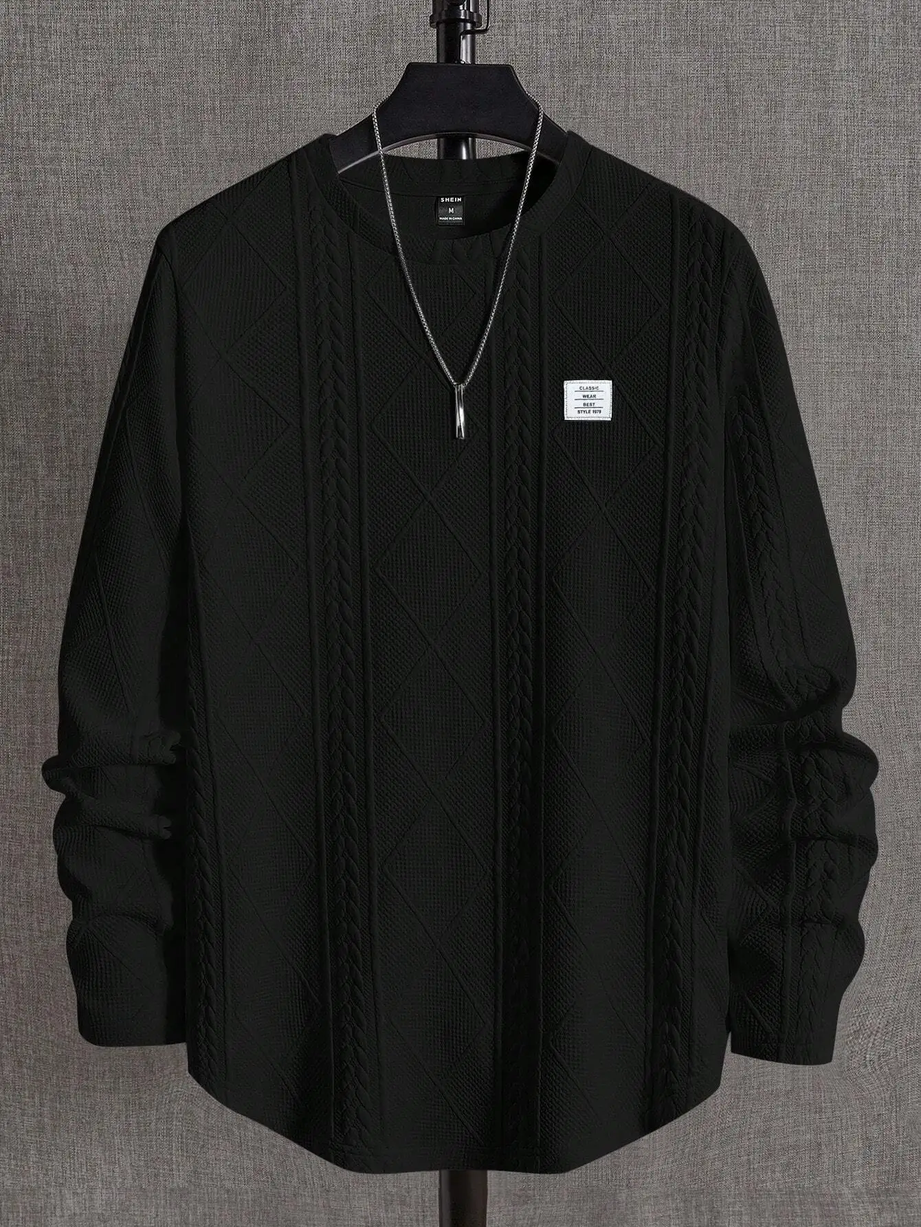 

Men's Black Textured Knit Long Sleeve Top with Cable & Diamond Pattern