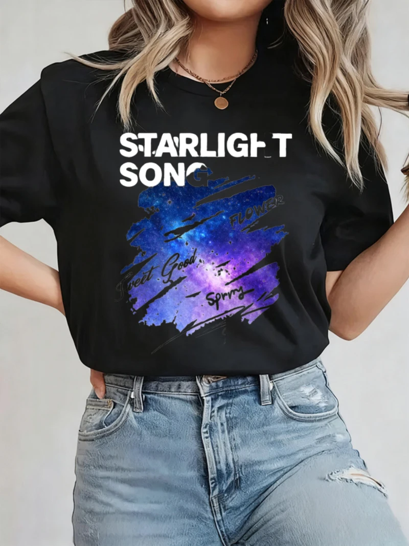 

Новая женская свободная черная футболка с короткими рукавами, женская футболка со звездным принтом и текстовым дизайном, повседневная трендовая повседневная одежда