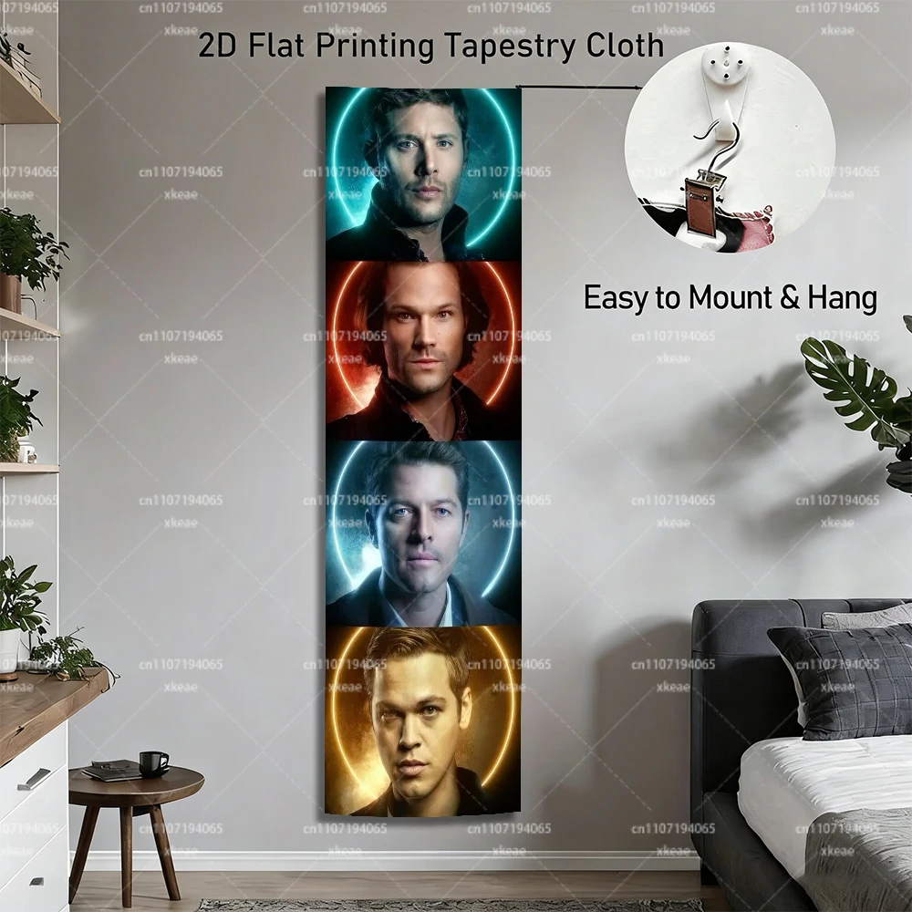 Supernatural Winchester Brothers & Castiel Vertical Tapestry, Neon Aesthetic Long Wall Hanging for Bedroom Dorm