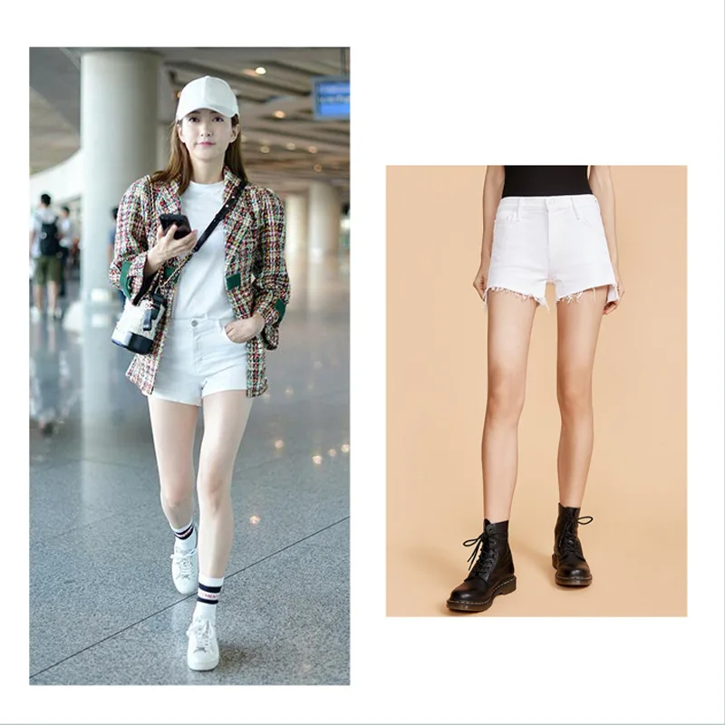 

Denim Shorts For Women 2024 New Spring/Summer White Stretch High Waist Step Hem Ripped Casual Style Celebrity Runway High