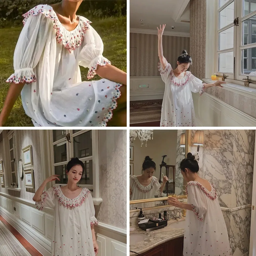 

Vintage Floral Embroidery Lace Nightgown for Women, Sexy V-Neck Sleepwear Nightdress