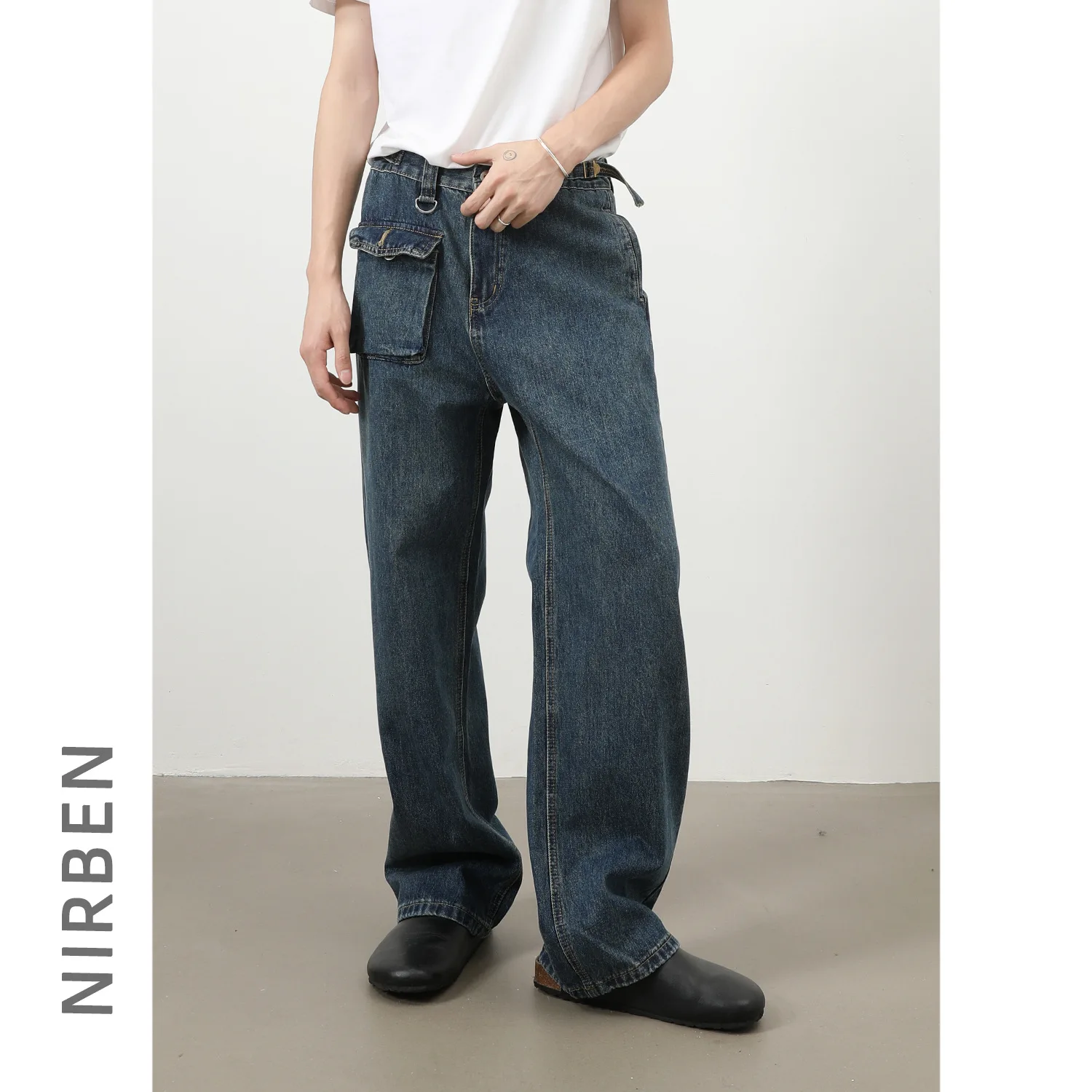 Denim, American Vintage High Street Multi-Pocket Waist Adjustment Loose Straight Jeans Men's Overalls