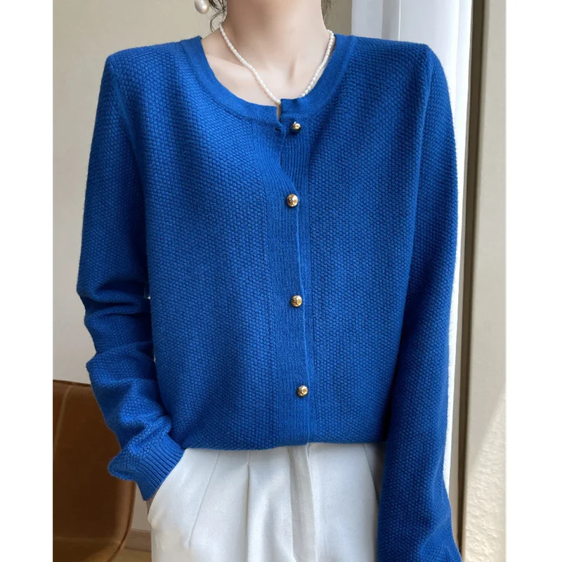 Retro knitted cashmere cardigan women autumn and winter round collar pullover bottom sweater jacket loose show thin wool coat